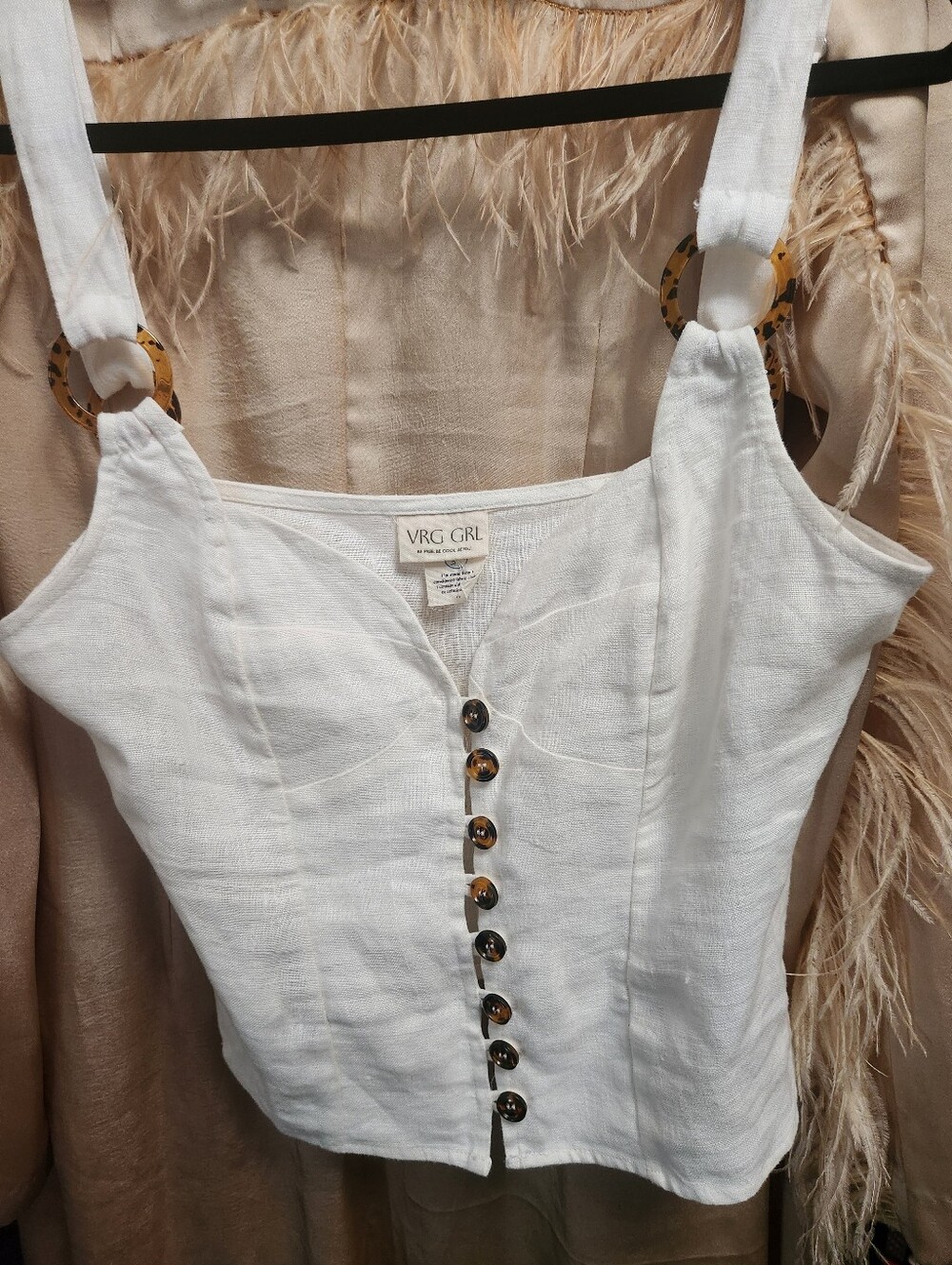 100% Linen VRG GRL Tortoise Pattern Accent Natural Fiber Fitted Tank Top
